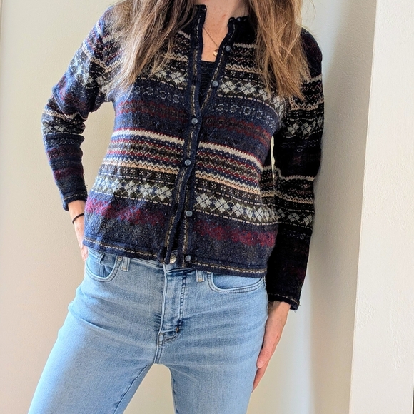 Vintage Sweaters - Vintage Fair Isle Abstract Geometric Button Front Cardigan Sweater In Navy